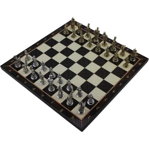 Historical Troy Figures Metal Chess Set Adult Kids Handmade Pieces, walnut Patterned Wood Chess Board Small Size King 5cm