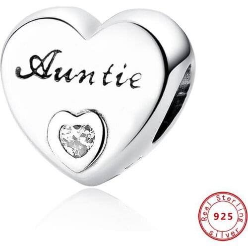 New Arrival 925 Sterling Silver Charms Beads White CZ Auntie Love Heart Charm Fit Pandora Original Bracelets Women DIY Jewelry