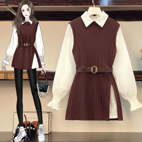 Olomm Large Size Womens Clothing 2021 Spring New Fat Sister Suit Shirt Knitted Vest Jacket Skirt Two Piece Set Genuine Fashion