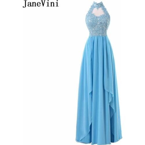 JaneVini Halter Blue Chiffon Bridesmaid Dresses A Line Lace Appliques Beaded Backless Floor Length Robe De Demoiselle D'honneur