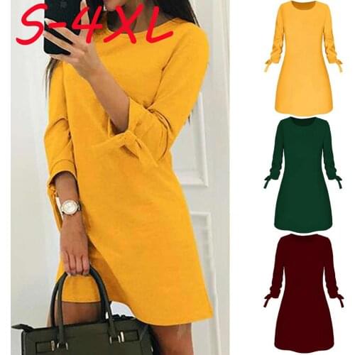 4xl Plus Size Dresses Spring Fashion Solid Sundress Casual O-neck Loose Dresses 3/4 Sleeve Bow Elegant Beach Female Vestidos