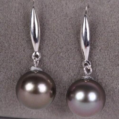 Free shipiing PERFECT ROUND 9-10MM AAA BLACK SOUTH SEA PEARL DANGLE EARRING WHITE 925silver
