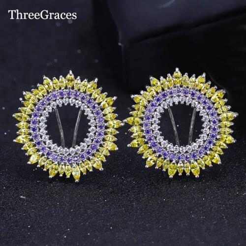 ThreeGraces Fashion Color Big Sunshine Round Shape Yellow Purple White CZ Crytal Big Stud Earrings Ladies Party Jewelry ER147