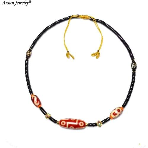 Tibetan God of Wealth 9 Eyes Money Hook Totem Red Agate Dzi Beads Coconut Shell Septum Beaded Adjustable Ladies Short Necklace
