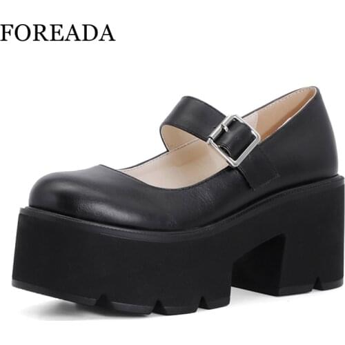 FOREADA Mary Janes Lolita Shoes PU Leather Platform Round Toe Pumps Thick High Heel Buckle Strap Female Footwear Autumn Black 43