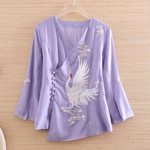 High-end Spring and Summer Chinese Style Embroidery Crane Blouse Shirt Women Fashion Elegant Loose lady Shirt Top S-XXL