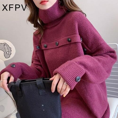 XFPV 2021 Autumn Winter New Fashion Loose Medium High Neck Pullover Sweater Womens Solid Bottons Long Sleeve Knit Top SM281