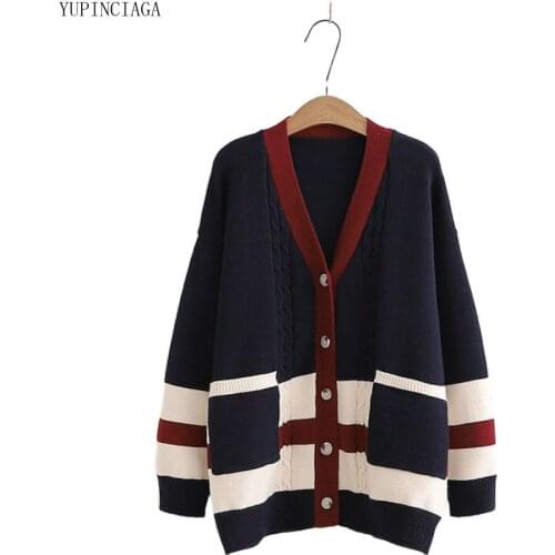 Japan Style V-neck Hit Color Sweater Womens Cardigan Loose Top Single-breasted Double Pocket V-neck Sweet Sweaters