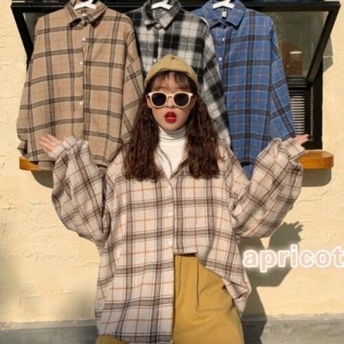 Women Blouses Turn-down Collar Spring Shirts Plaid All-match BF Batwing-sleeve Loose Outwear Harajuku Female 4 Colors Chic Shirt