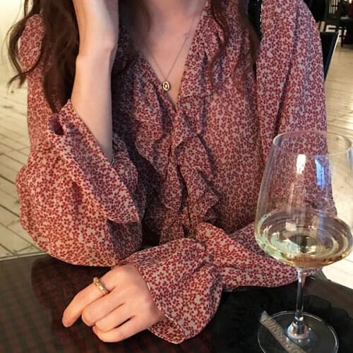 Luck A Print Floral V-neck Pullover Chiffon Blouses Flare Long Sleeve Ruffle Women Elegant Shirt Spring Korean Lady Blusas Tops