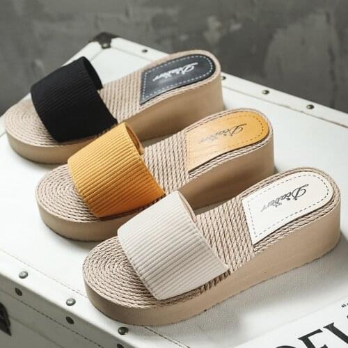 2021 New High Heels Indoor Hemp Slippers for Women Platform Wedges Outdoor Beach Slides Summer Basic Casual Female Shoes