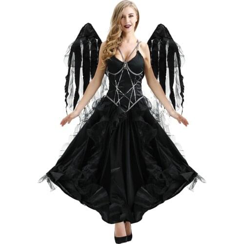 Women Vampire Dark Angel Ghost Bride Dress Wing Set Zombie Queen Witch Black Angel Cosplay Uniforms Female Halloween Costumes