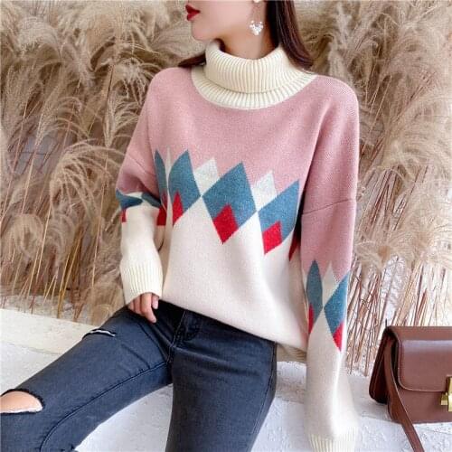 Fall Winter Womens New Diamond Strip Sweaters Long Sleeve High Collar Knitted Jumper Casual Loose Korean Ladies Pullover O58