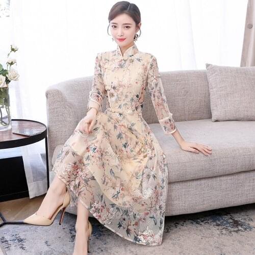 Spring Summer Women Dress Modern Improve Three Quarter Sleeve Chinese Style Elegant Cheongsam Lace Vintage Embroidery Dresses