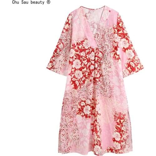 Autumn 2021 New Womens Boho V-Neck Flared Sleeves Loose Fashion Print Mid Length Dress Pullover Vestido Female Holiday Style