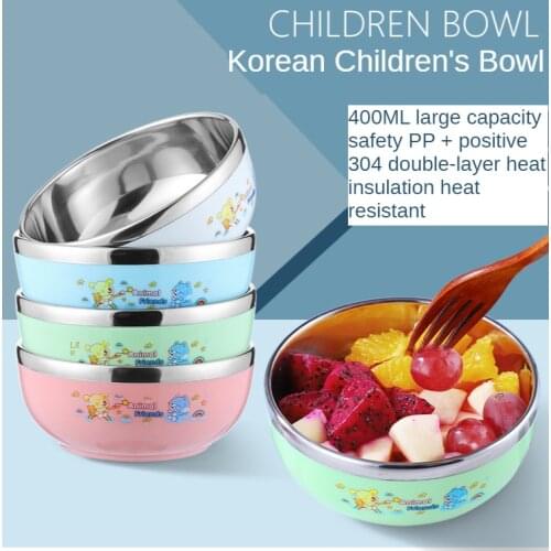 Stainless Steel Childrens Bowl 304 Simple Cartoon Pp Anti-scalding Anti-fall Double-layer Baby Food Supplement Bowl
