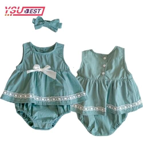 Cotton Baby Girl Clothes Summer New Kids Ruffle Romper Dress Lace Bow Jumpsuit Headband Dusty green Playsuit Newborn Princess