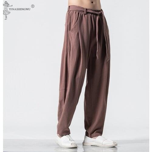 Kimono Japanese Harajuku Costume for Man Wide Leg Pants Casual Bandage Embroidery Loose Linen Trouser Male Harlan Haori Samurai