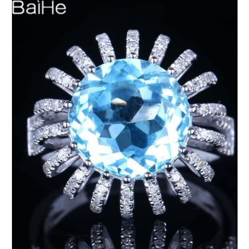 BAIHE Sterling Silver 925 7.4CT Blue Topaz Ring Wedding Women Trendy Fine Jewelry Making Sun Flower Rings Women кольца кольцo