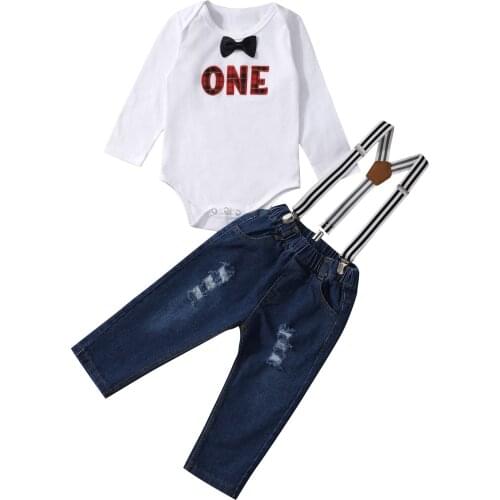Romper Clothes Set For Baby Boy Bowknot Gentleman Letter Autumn Suit with Suspenders Ripped Denim Pants Kid Infant Boy Clothing