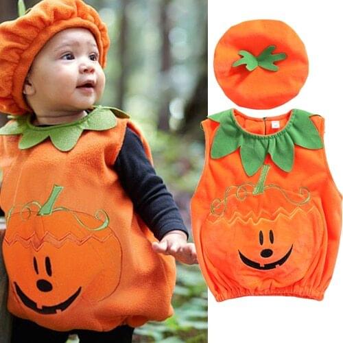 FOCUSNORM 0-3Y Halloween Lovely Baby Girls Boys Vest Coat+Hats 2pcs Pumpkin Printed Ruffles Collar Cosplay Outfits
