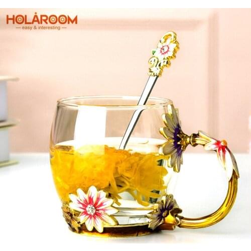 Creative Chrysanthemum Glass Cup Durable Enamel Transparent Drinkware High Temperature Resistance Coffee Milk Juice Tea Cups