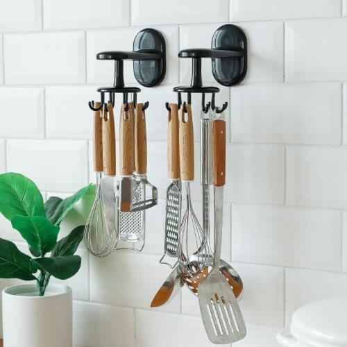 360 Degree Swivel Hook For Kitchen Utensil Hanger Wall Adhesive Hooks Unpunched Rotating Utensil Holder Kitchen Accessories