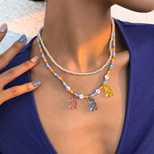 Lalynnly Imitation Pearl Small Bear Pendant Necklace Womens Resin Beaded Neck Jewelry Gifts Wholesale Party Accessories N9223