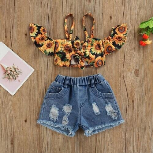 Summer Girls Clothes Sets 2pcs Sunflowers Printed Off Shoulder Strap Cropped Tops + Ripped Denim Shorts Set for 1-7 Years