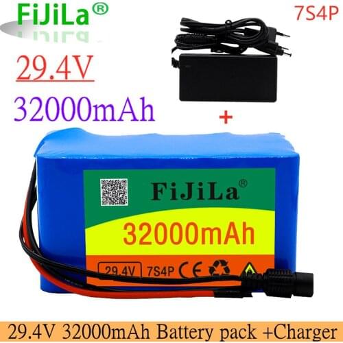 New 24V 7S4P 32000mAh high power 32AH 18650 Lithium Battery pack with BMS 29.4V Electric bicycle electric car + 2A Charger