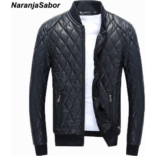 NaranjaSabor Autumn Winter Mens PU Leather Jackets Stand Collar Casual Thick Coat Slim Fit Male Outwear Men Brand Clothing N407