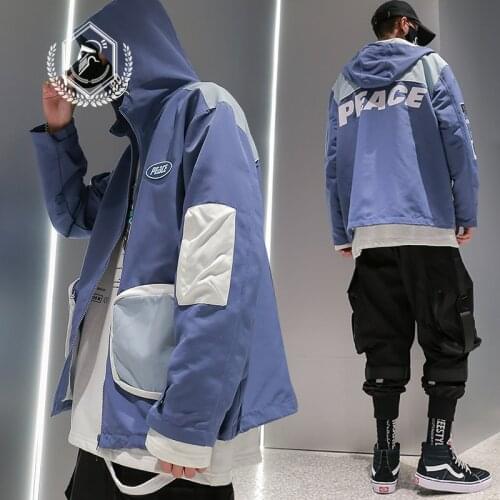 Men Fashion Loose Print Safari Style Jacket Casual Pockets Patchwork Hip Hop Coat with Hooded