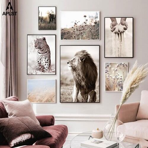 Wild and Free Poster Plain Lion Leopard Animal Canvas Print Painting Nature Landscape Sahara Desert Wall Art Reed Nordic Picture