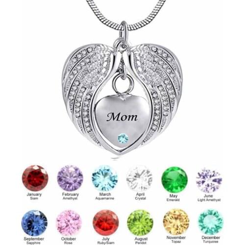 Mom Angel Wing Birthstone Cremation Urn crystal Necklace Heart Memorial Pendant Stainless Steel Jewelry
