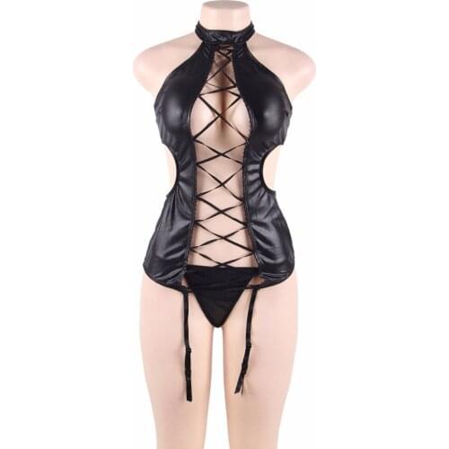 Sexy Faux Leather Front Open Body Teddies Bodysuit with Garter Belt Thong Fetish Lingerie Costume