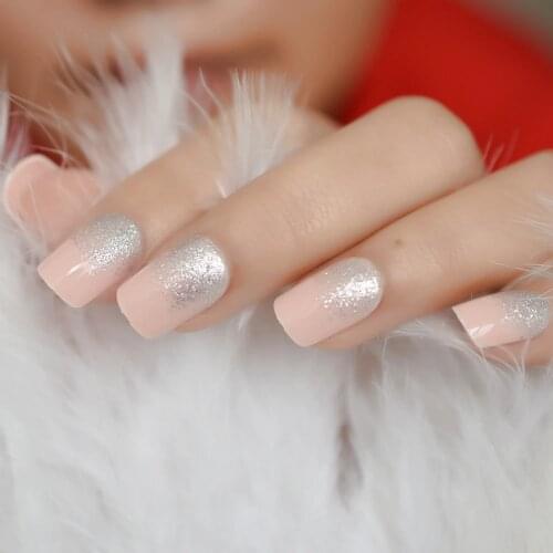 Silver Glitter French False Nails Tips Full Cover Artificial Acrylic Soft Pink Press on Fake Finger Nail Art Back Glue Designed
