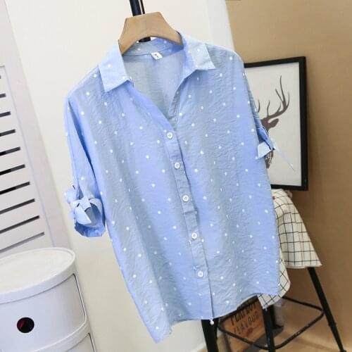 Women Chiffon Blouse Polka Dot Printed Short Sleeve V-Neck Casual Shirts Summer Loose Tops Single Buckle Blouses