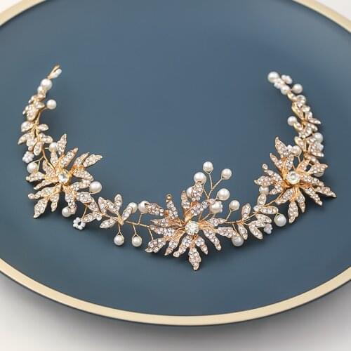Vintage Gold Headbands Flower Crystal Pearl Headpiece Women Hairbands For Wedding Bridal Hair Accessories Handmade Headwear Gift