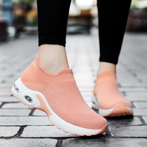 Big Number Summer Slip on Womens Sneakers Socks Woman Sport Shoes Sports Platform Running Shoes for Women Pink Knit Flat E-866