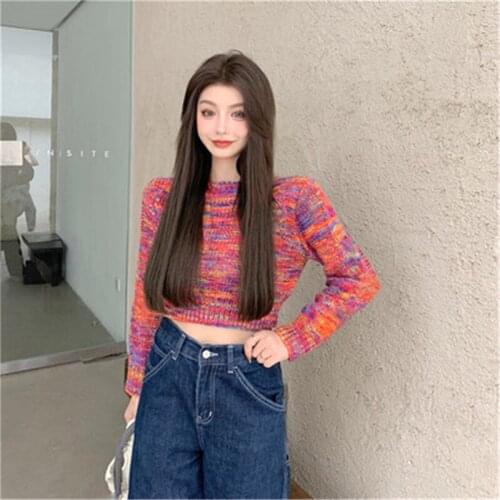 Rainbow Color Knitted Short Sweaters Top For Women Fall Winter Fashion Loose O-neck Cropped Pullovers Femme Soft Warm Knit Cloth
