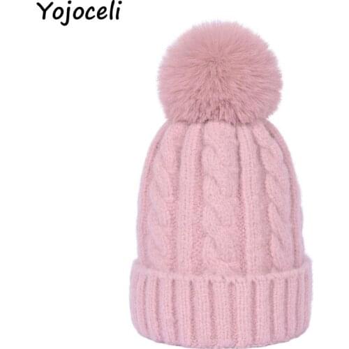 Yojoceli Women winter sweater beanie cap Fur pom pom knitted hat female Core yarn warm casual skullies beanies bones