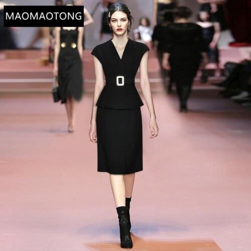 Summer Fashion Runway Designer Dress Womens V-neck Sashes Beading Slim 2021 Office Ladies Elegant Black Midi Dress