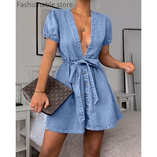 Women Solid Color Lantern Sleeve Lace-up Button Design Denim Mini Dress