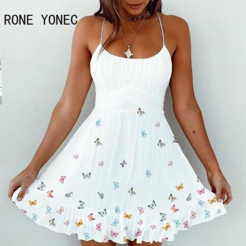 Women Spaghetti Strap Ruched Butterfly Print Dress Vacation Dress 2021
