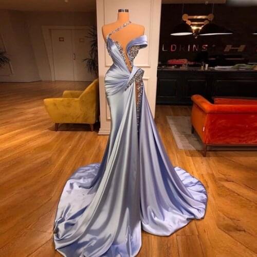 Sky Blue Mermaid Evening Gowns Ruffles Beaded Elegant Sweep Train Prom Dresses Robe De Soiree Formal Party Dress