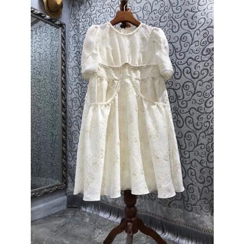 Sweet Cute Dress 2021 Autumn Women O-Neck Vintage Jacquard Print Pocket Patchwork Short Sleeve Casual Loose Dress Runway Vestido