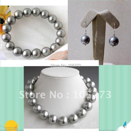 12MM Round Shaper Gray Color South Sea Shell Pearl Necklace Bracelet Earring Jewelry Set Wholesale New Free Shipping FN1228B