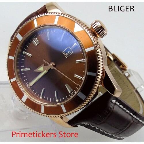 Coffee dial automatic 46mm date gold watch case leather strap mens watch
