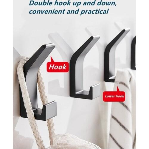 Double Iron Metal Coat Hooks Black No Drilling Bedroom Robe Towel Self Adhesive Wall Hook for Livingroom Bathroom Accessories