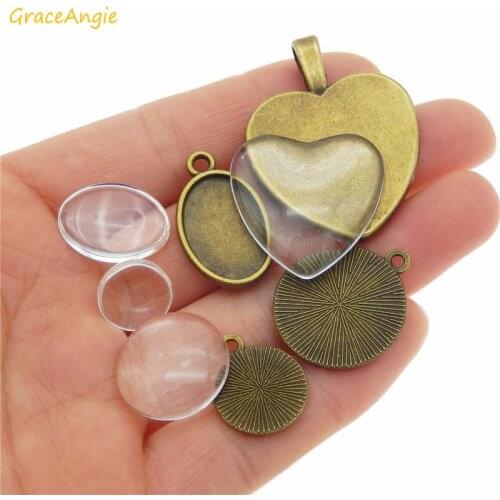 GraceAngie 4sets Retro Alloy Pendant Base Setting Tray Blank Glass Round Heart Mix charms Necklace Handmade Jewelry Accessory